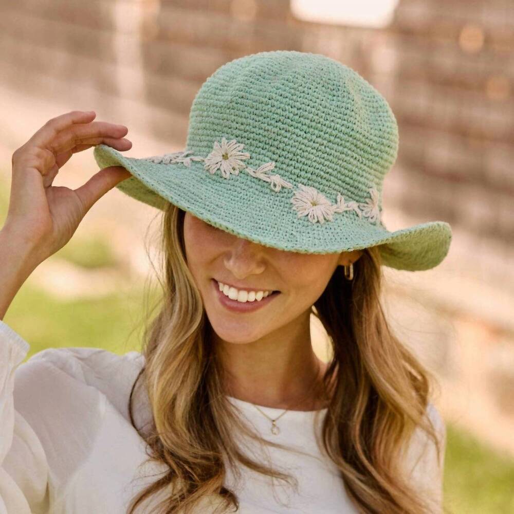NEW BY MANY HANDS defined-curve fleur sun hat in seafoam